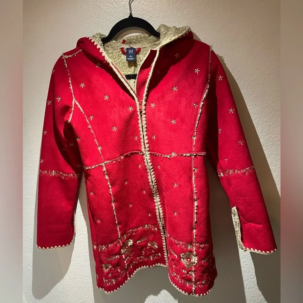 Gap Kids Coat Girls 10 Sherpa Lined Red Embroidered Bohemian Boho Floral Hooded